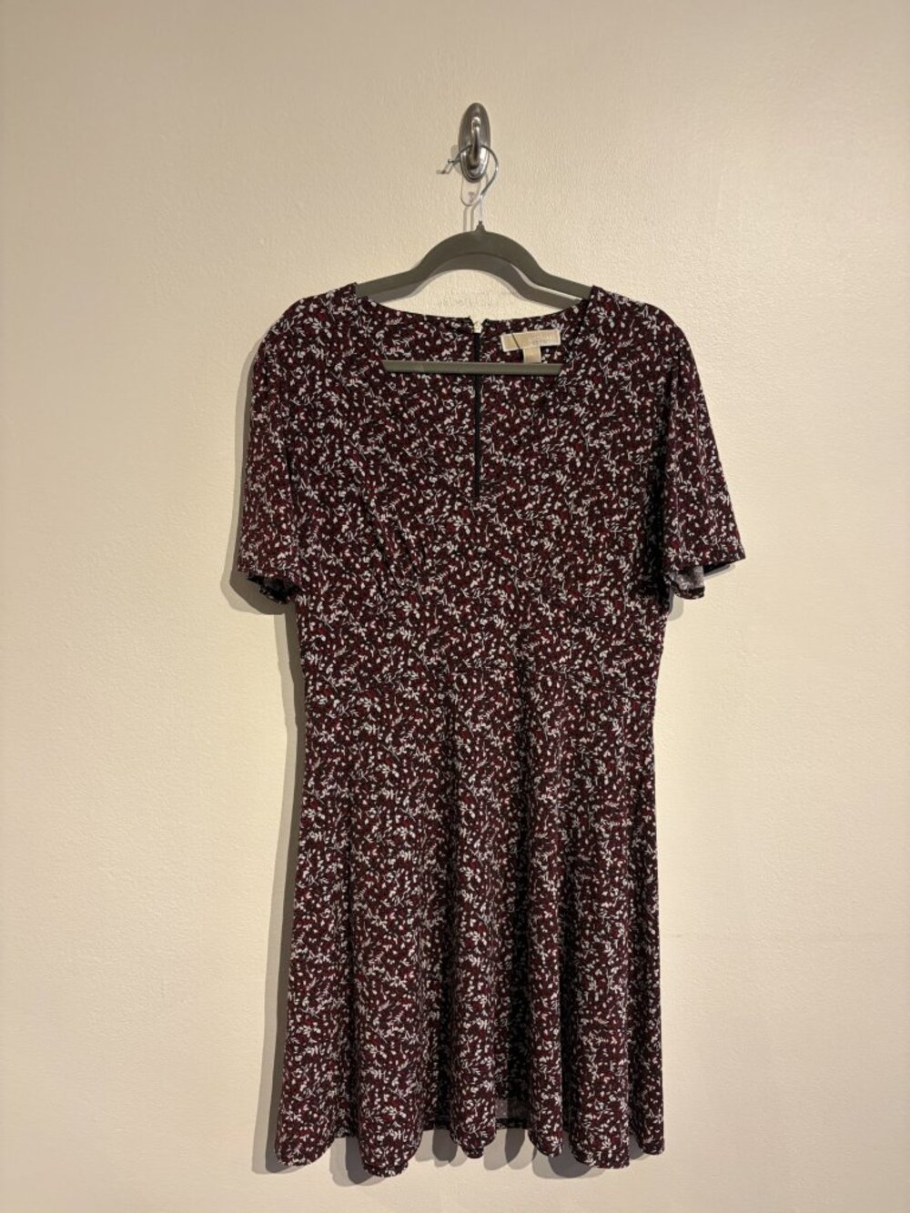 MICHAEL Michael Kors Burgundy Floral Print Short Sleeve Fit Flare Dress L